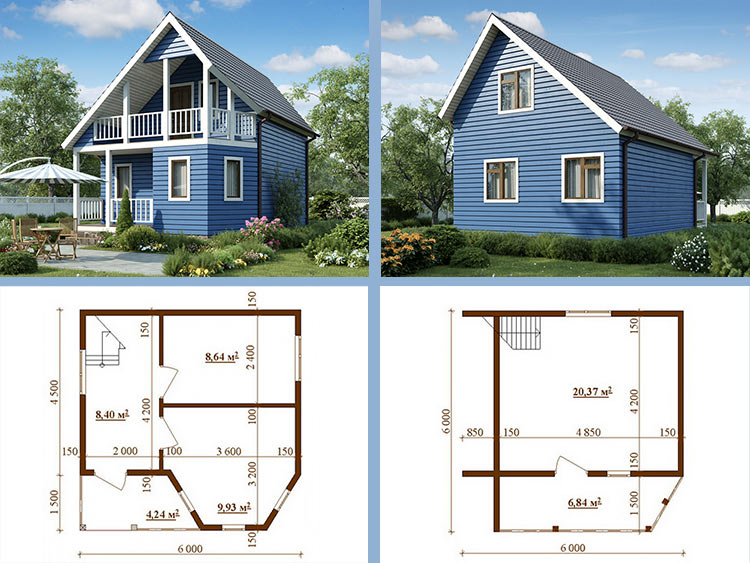 Каркасный дачный дом 6х6 с балконом и мансардой